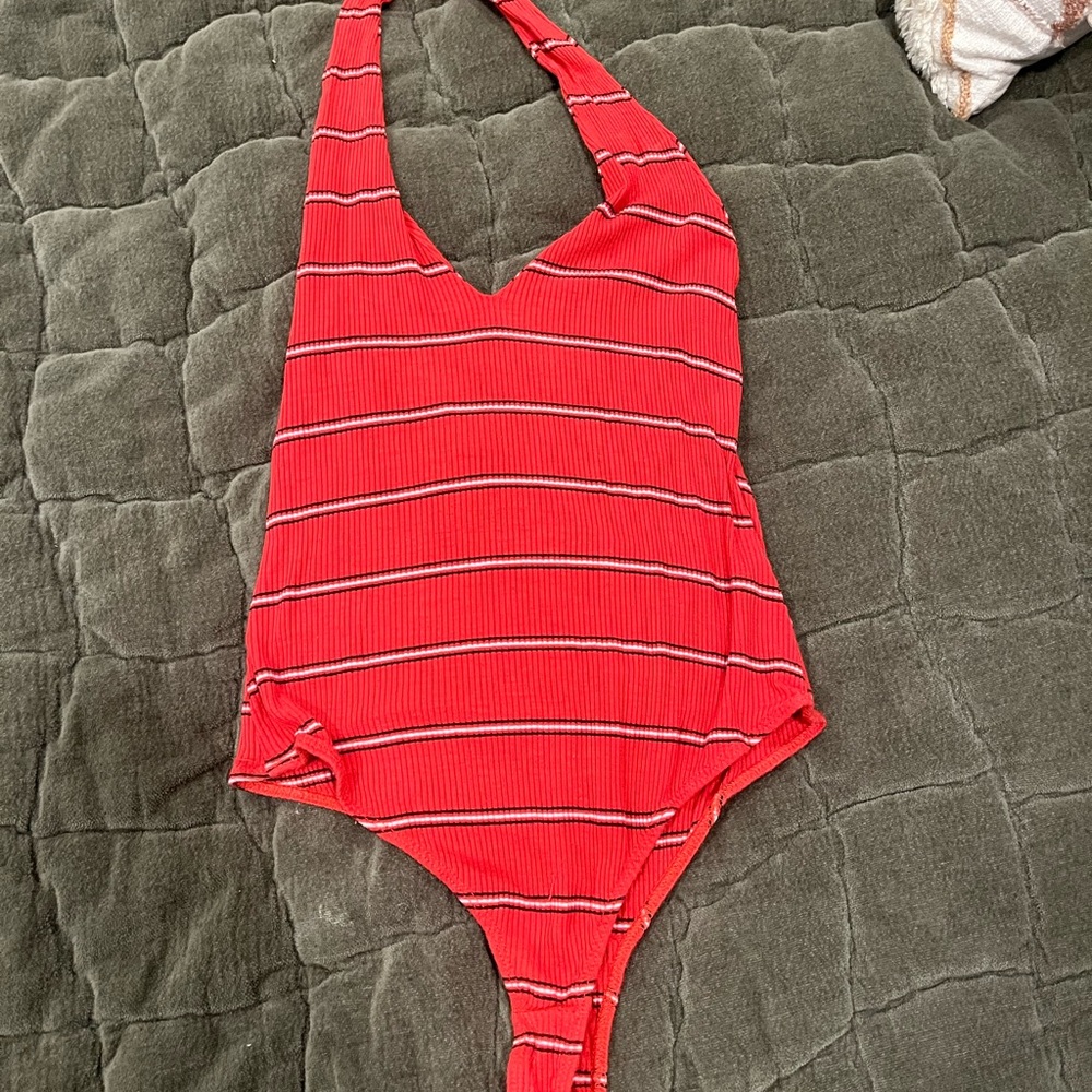 Red Striped Halter Bodysuit